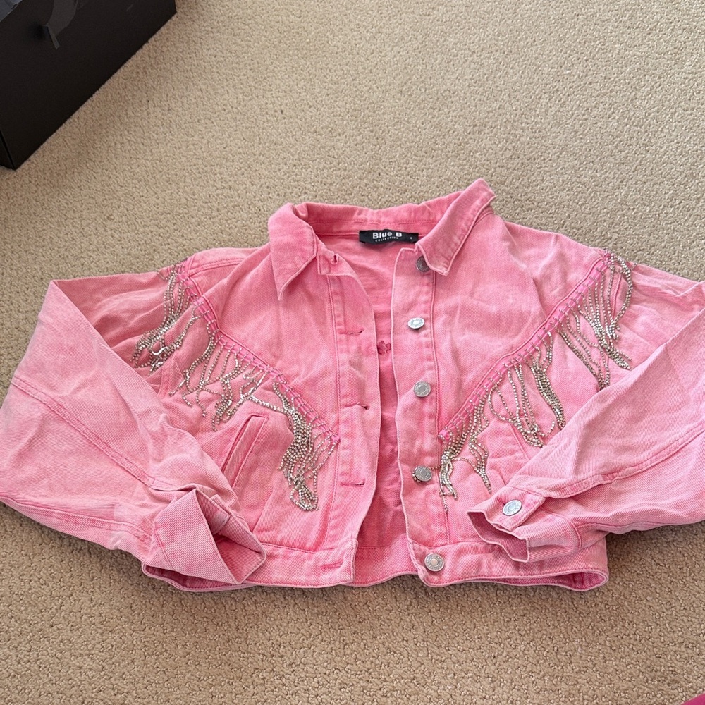 Pink Cropped Jean Jacket with Country Bling Detail